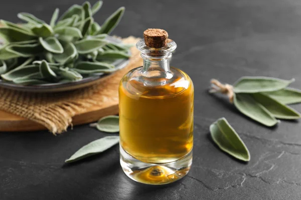 Bottle Essential Sage Oil Leaves Black Table — Zdjęcie stockowe