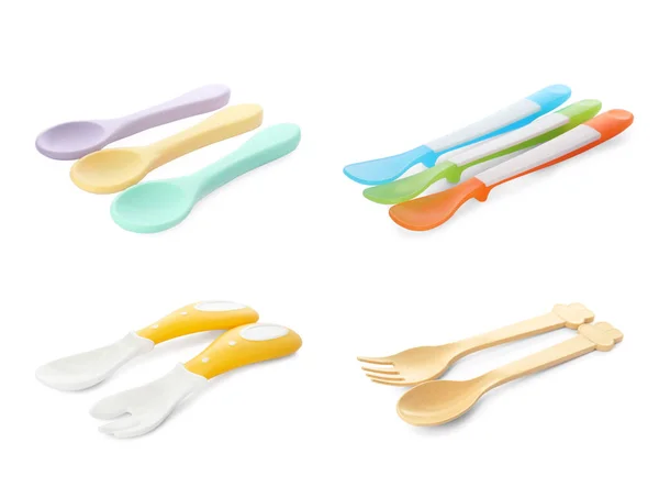 Set Colorful Cutlery White Background Serving Baby Food — Stockfoto