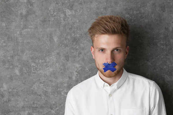 Man Taped Mouth Grey Background Space Text Speech Censorship — 스톡 사진
