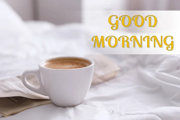 Good Morning Cup Coffee Newspaper Bed — Stockfoto