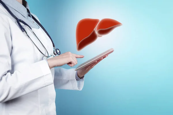 Doctor with tablet and illustration of healthy liver on light blue background, closeup