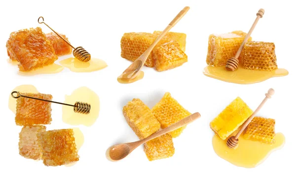 Set Fresh Delicious Honeycombs Dippers White Background — Stock fotografie