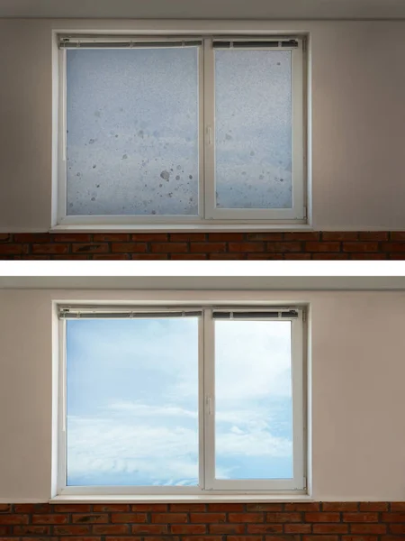 Collage with photos of window before and after cleaning indoors