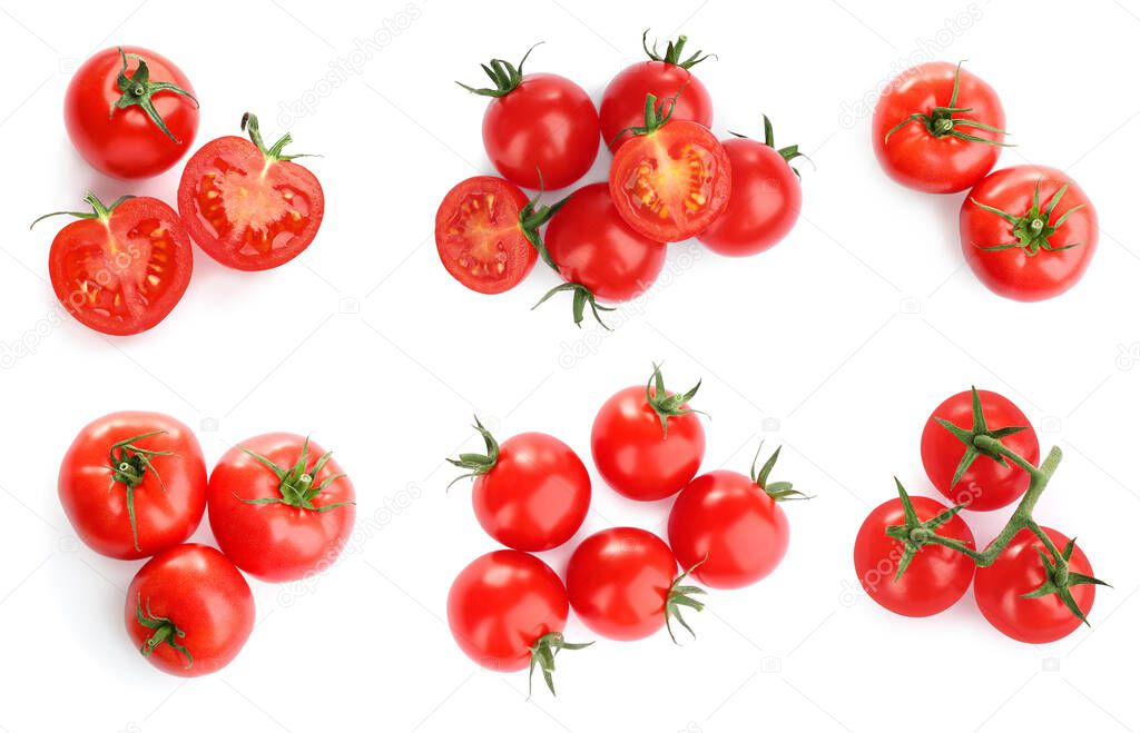 Set with tasty ripe cherry tomatoes on white background, top view