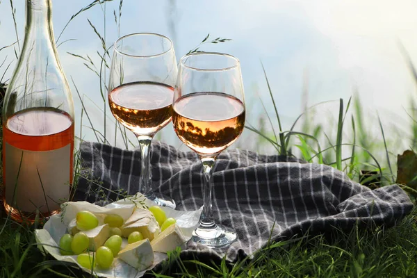 Delicious Rose Wine Cheese Grapes Picnic Blanket Lake Closeup — Stock fotografie