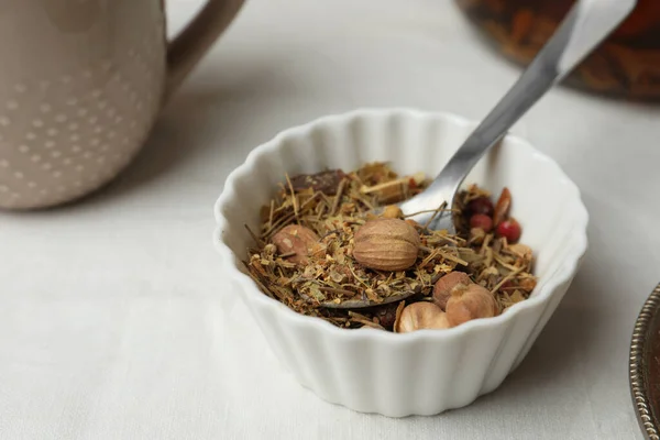 Aromatic Dried Herbs Berries Tea Bowl White Fabric Closeup — ストック写真