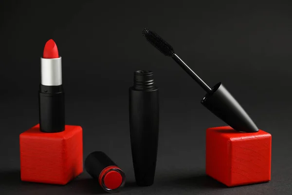 Beautiful Lipstick Mascara Black Background — Stockfoto