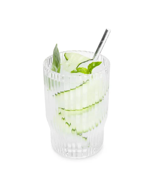 Refreshing Cucumber Water Basil Glass Isolated White — ストック写真