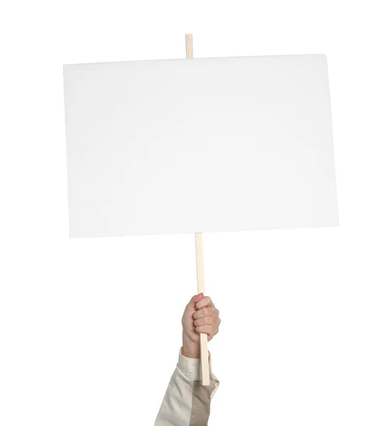 Γυναίκα Κρατώντας Κενό Σημάδι Διαμαρτυρίας Λευκό Φόντο Κοντινό Πλάνο — Φωτογραφία Αρχείου