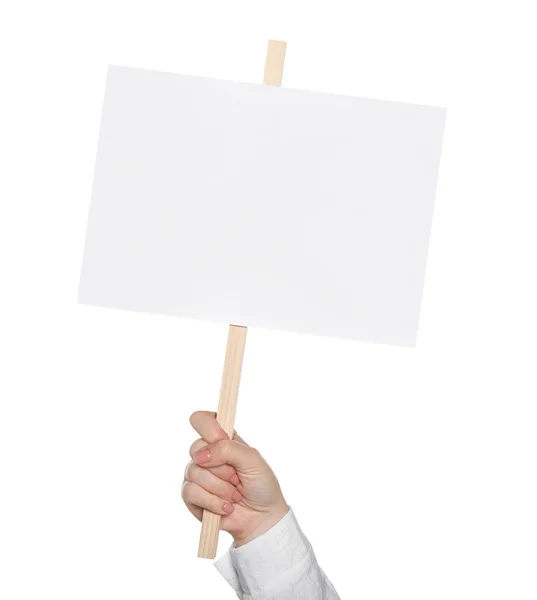 Woman Holding Blank Protest Sign White Background Closeup — Stockfoto