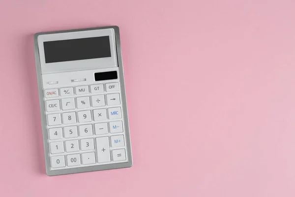 White Calculator Pink Background Top View Space Text — Φωτογραφία Αρχείου