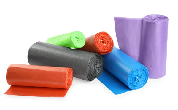 Rolls Different Color Garbage Bags Isolated White — Stock Photo, Image