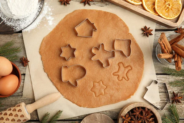 Flat Lay Composition Dough Cookie Cutters Wooden Table Christmas Biscuits — ストック写真