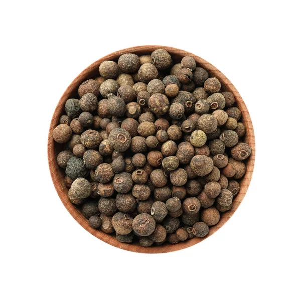 Bowl Allspice Pepper Grains Isolated White Top View — Φωτογραφία Αρχείου