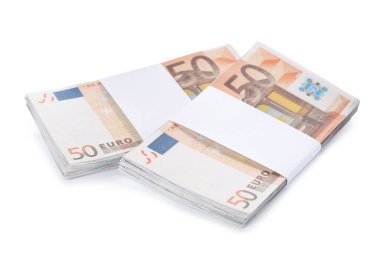 Avro banknotları beyaza izole edilmiş. Para ve finans