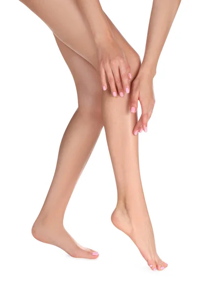 Woman Beautiful Long Legs White Background Closeup — Fotografia de Stock