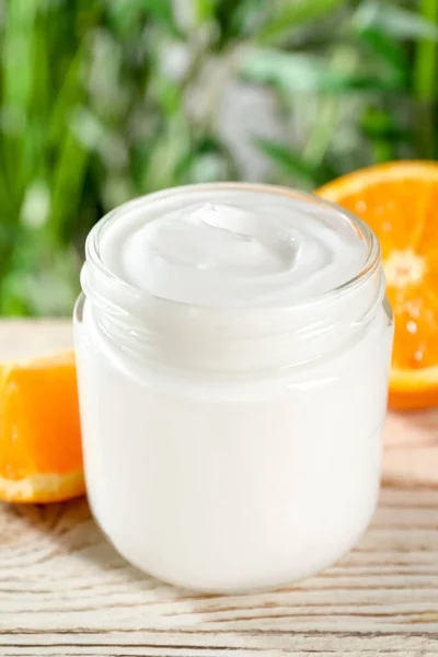 Jar Hand Cream Orange White Wooden Table Closeup — Stok Foto