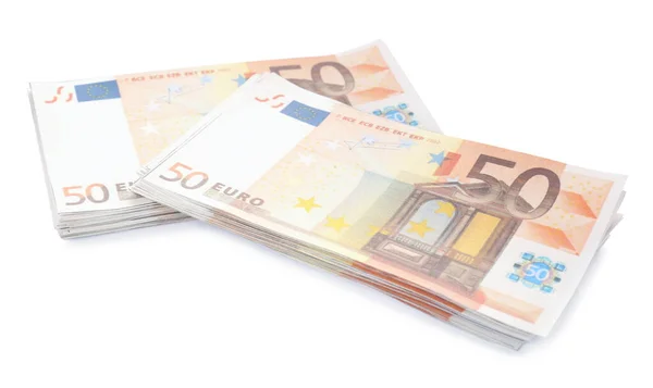 Στοίβες Τραπεζογραμματίων Ευρώ Που Έχουν Απομονωθεί Λευκό Χρώμα Χρήματα Και — Φωτογραφία Αρχείου