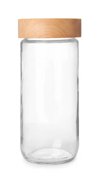 Novo Frasco Vidro Vazio Com Tampa Madeira Isolada Branco — Fotografia de Stock