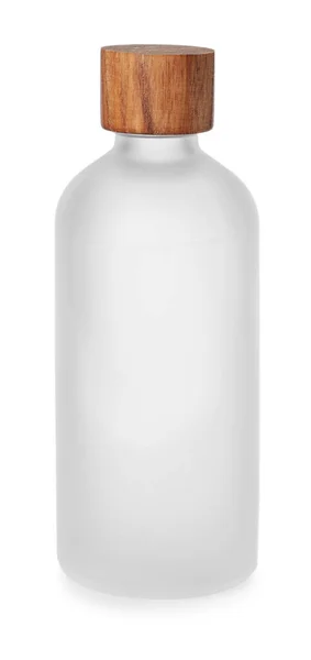 New Empty Glass Bottle Wooden Cap Isolated White — Stockfoto