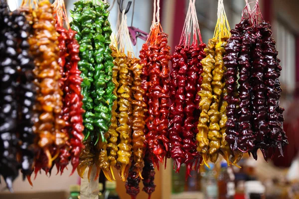 Bunches Different Delicious Churchkhelas Market — Foto de Stock