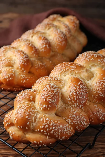 Homemade Braided Breads Sesame Seeds Wooden Table Closeup Challah Shabbat — Stock Photo, Image