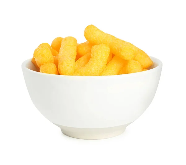 Många Läckra Cheesy Majs Puffar Skål Isolerad Vitt — Stockfoto