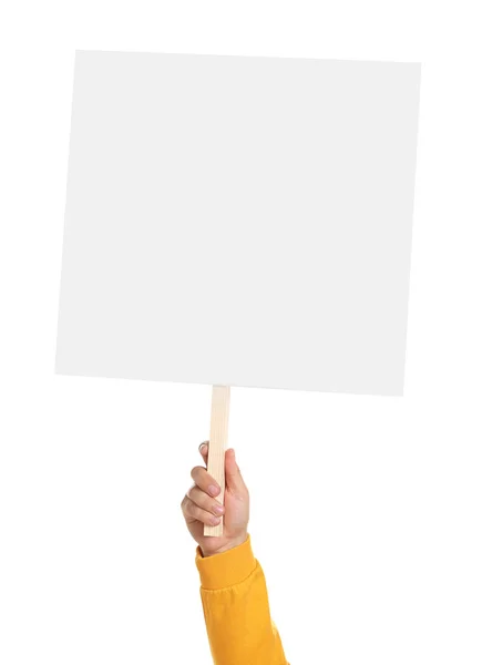 Man Holding Blank Protest Sign White Background Closeup — 스톡 사진