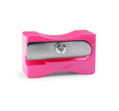 Beyaz üzerine izole edilmiş plastik pembe kalem açacağı.
