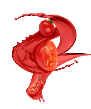 Fresh ripe tomatoes and splashing juice on white background