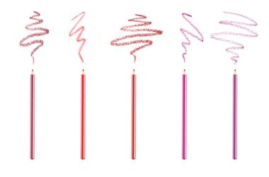 Set of bright lip pencils and strokes on white background, top view