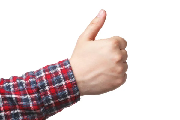 Mannen Visar Tummen Upp Vit Bakgrund Närbild Handen Liftargest — Stockfoto