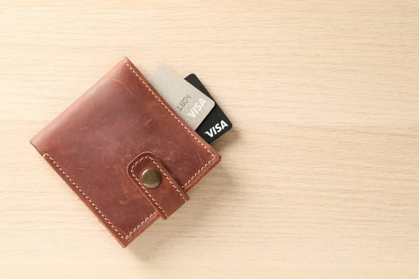 Mykolaiv Ukraine February 2022 Bank Cards Visa Payment System Leather — Stock fotografie