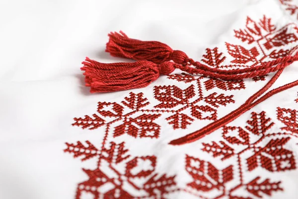 Beautiful Red Ukrainian National Embroidery White Fabric Closeup — Fotografia de Stock