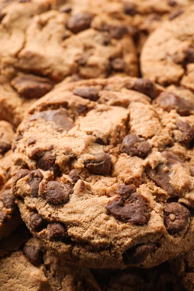 Many Delicious Chocolate Chip Cookies Background Closeup — Foto de Stock