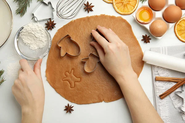 Woman Cutting Dough Cookie Cutter White Table Top View Christmas — 图库照片