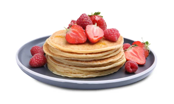 Tasty Pancakes Fresh Berries Honey White Background — Stockfoto