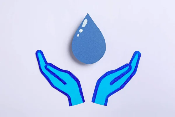 Water Concept Paper Hands Drop White Background Flat Lay — 图库照片