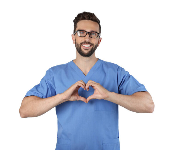 Doctor making heart with hands on white background