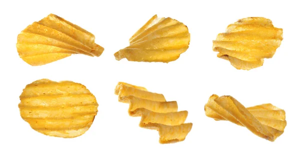 Set Ridged Crispy Potato Chips White Background — Φωτογραφία Αρχείου