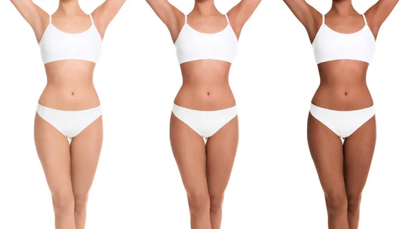 Young Woman Beautiful Body White Background Closeup Collage Showing Stages — 스톡 사진