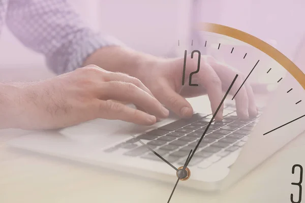 Double Exposure Man Working Laptop Clock — Foto Stock