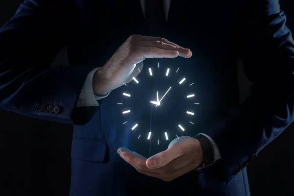 Man Holding Virtual Icon Clock Dark Background Closeup Time Management — Foto Stock