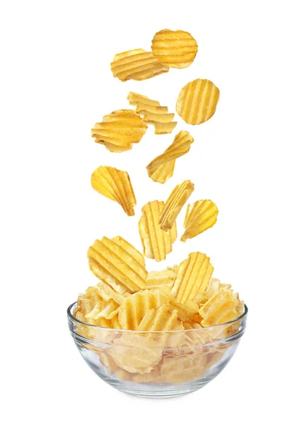 Ridged Crispy Potato Chips Falling Bowl White Background — Stock Photo, Image