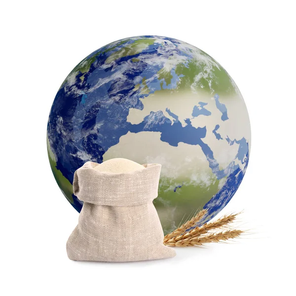 Global Food Crisis Concept Globe Earth Flour Bag Cereal Spikes — Foto Stock