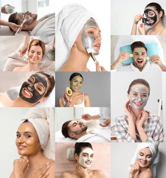 Collage Photos People Cleansing Moisturizing Masks Faces — Stock Photo, Image