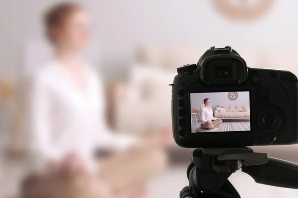 Woman Meditating Wicker Mat Home Selective Focus Camera Display — Foto de Stock