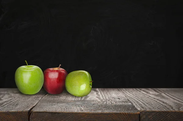 Fresh Ripe Apples Wooden Table Black Chalkboard Space Text — Foto de Stock