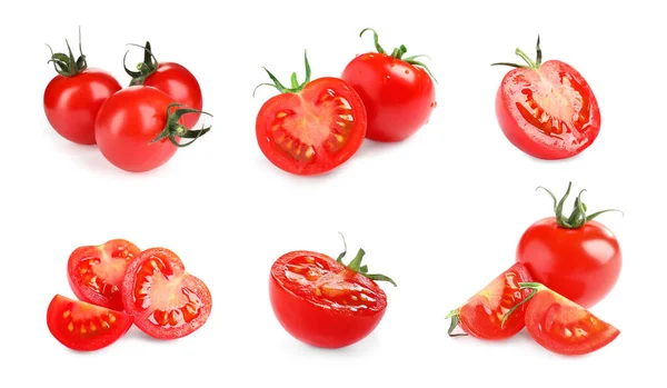 Set Tasty Ripe Cherry Tomatoes White Background — Zdjęcie stockowe