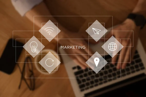 Internet Marketing Different Virtual Icons Businessman Working Modern Laptop Table — Stockfoto